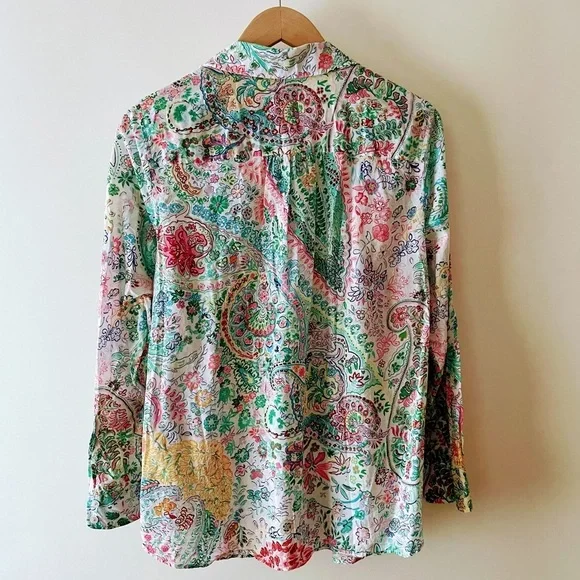 Talbots Pink & Green Paisley Floral Button Down Collared Cotton Shirt Size X - Picture 7 of 14